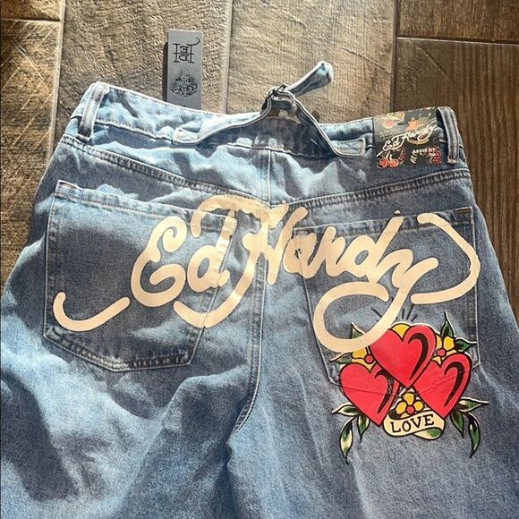 Ed Hardy Blue Wide Leg Jeans with Red and Yellow Design - Picture 4 of 5
